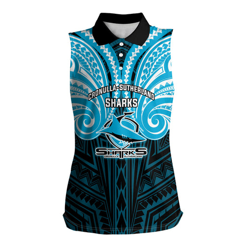 Custom Cronulla-Sutherland Sharks Women Sleeveless Polo Shirt Shark Warrior Polynesia Islander Rugby Mascot