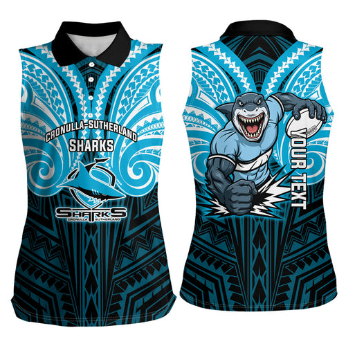 Custom Cronulla-Sutherland Sharks Women Sleeveless Polo Shirt Shark Warrior Polynesia Islander Rugby Mascot