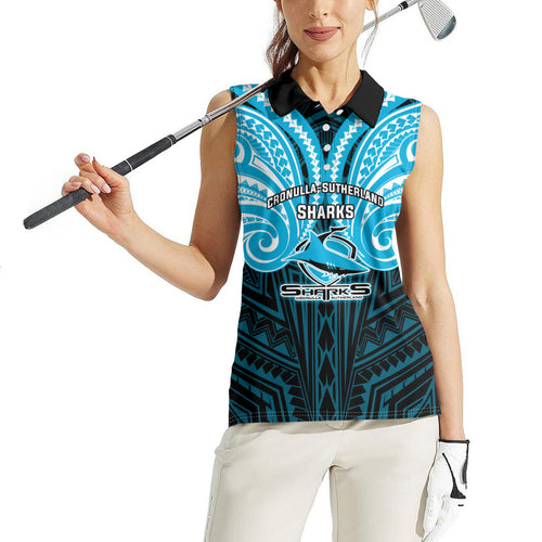 Custom Cronulla-Sutherland Sharks Women Sleeveless Polo Shirt Shark Warrior Polynesia Islander Rugby Mascot