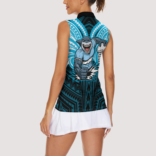 Custom Cronulla-Sutherland Sharks Women Sleeveless Polo Shirt Shark Warrior Polynesia Islander Rugby Mascot