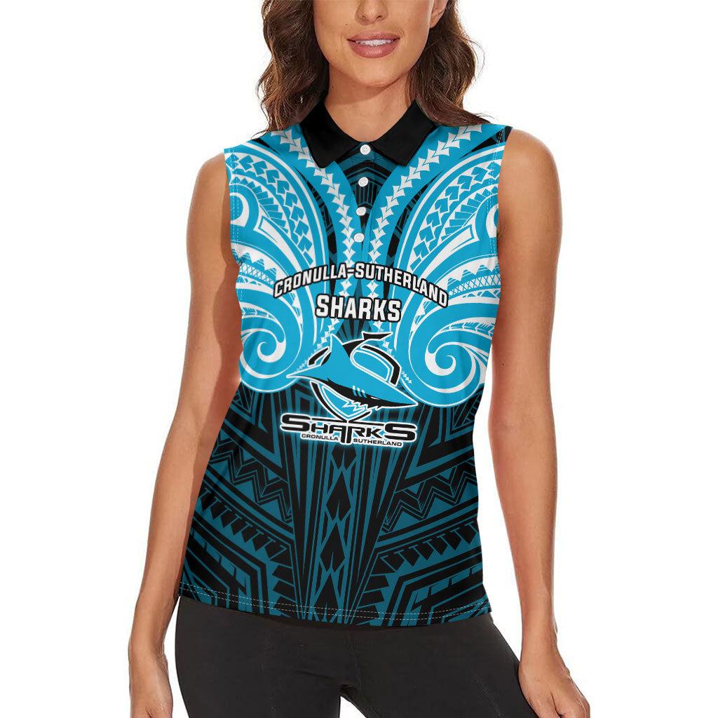 Custom Cronulla-Sutherland Sharks Women Sleeveless Polo Shirt Shark Warrior Polynesia Islander Rugby Mascot