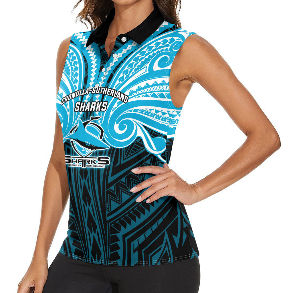 Custom Cronulla-Sutherland Sharks Women Sleeveless Polo Shirt Shark Warrior Polynesia Islander Rugby Mascot
