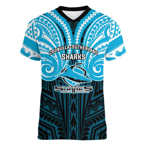 Custom Cronulla-Sutherland Sharks Women V-Neck T-Shirt Shark Warrior Polynesia Islander Rugby Mascot