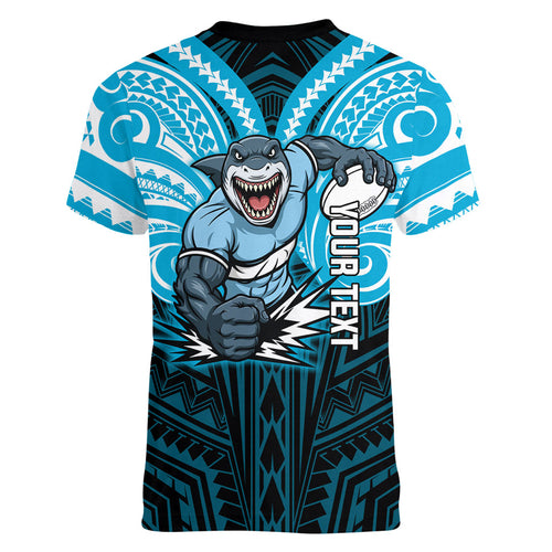Custom Cronulla-Sutherland Sharks Women V-Neck T-Shirt Shark Warrior Polynesia Islander Rugby Mascot