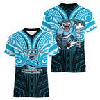 Custom Cronulla-Sutherland Sharks Women V-Neck T-Shirt Shark Warrior Polynesia Islander Rugby Mascot