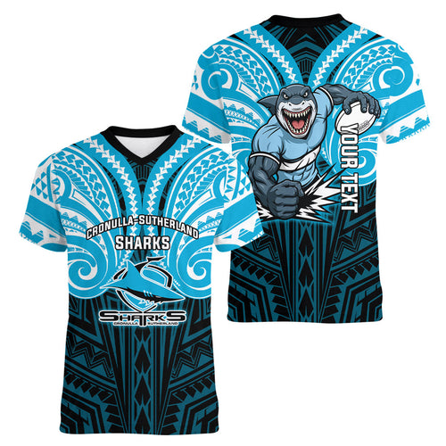 Custom Cronulla-Sutherland Sharks Women V-Neck T-Shirt Shark Warrior Polynesia Islander Rugby Mascot