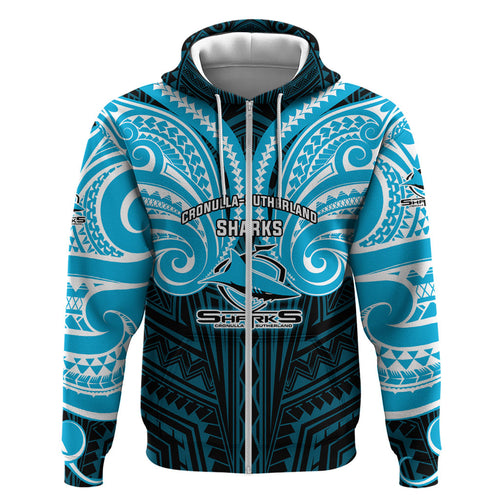 Custom Cronulla-Sutherland Sharks Zip Hoodie Shark Warrior Polynesia Islander Rugby Mascot