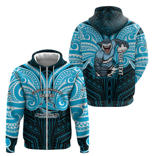 Custom Cronulla-Sutherland Sharks Zip Hoodie Shark Warrior Polynesia Islander Rugby Mascot