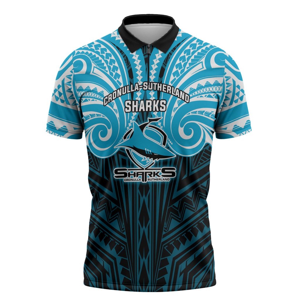 Custom Cronulla-Sutherland Sharks Zipper Polo Shirt Shark Warrior Polynesia Islander Rugby Mascot