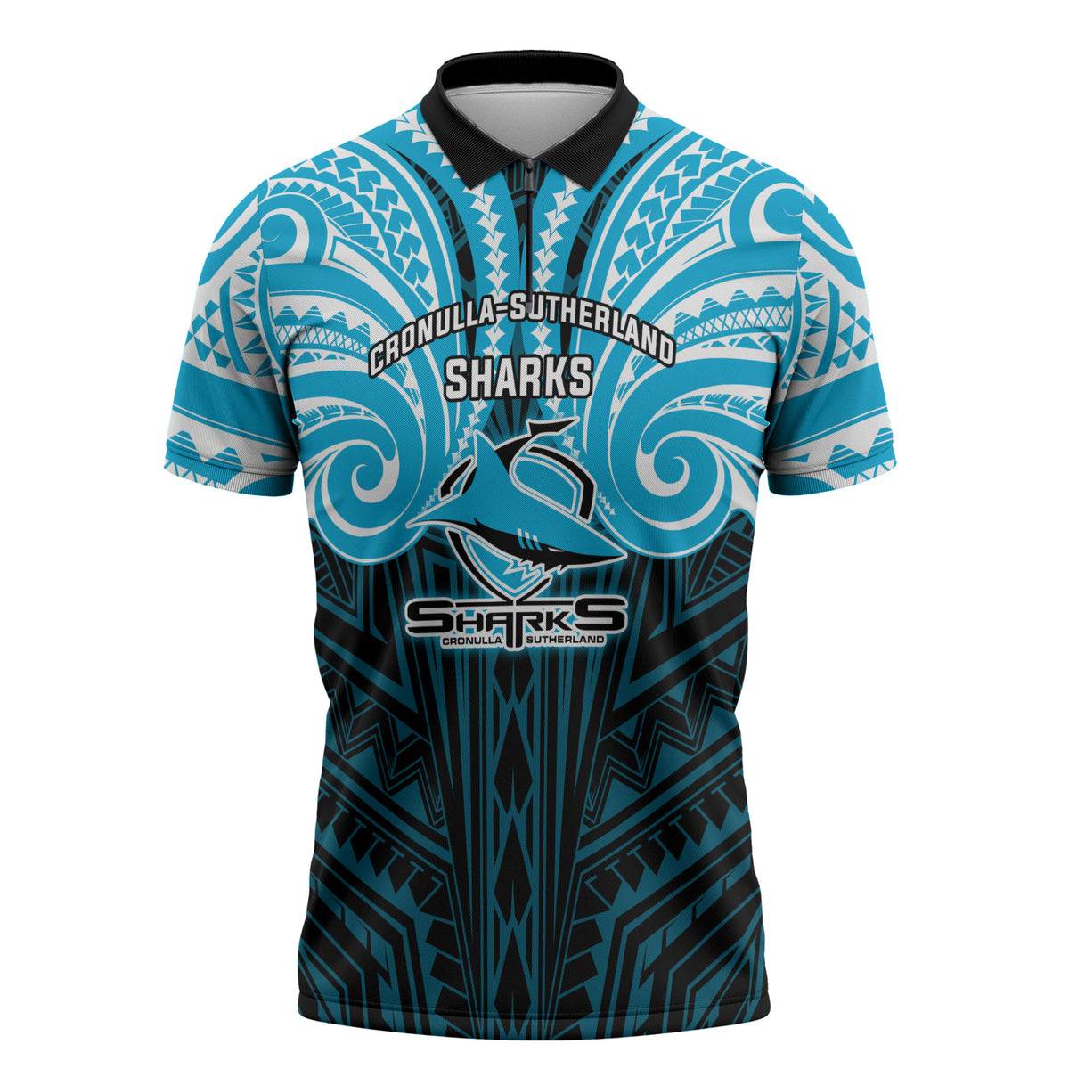 Custom Cronulla-Sutherland Sharks Zipper Polo Shirt Shark Warrior Polynesia Islander Rugby Mascot