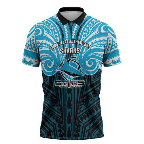 Custom Cronulla-Sutherland Sharks Zipper Polo Shirt Shark Warrior Polynesia Islander Rugby Mascot