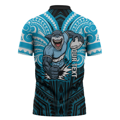Custom Cronulla-Sutherland Sharks Zipper Polo Shirt Shark Warrior Polynesia Islander Rugby Mascot