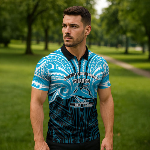 Custom Cronulla-Sutherland Sharks Zipper Polo Shirt Shark Warrior Polynesia Islander Rugby Mascot