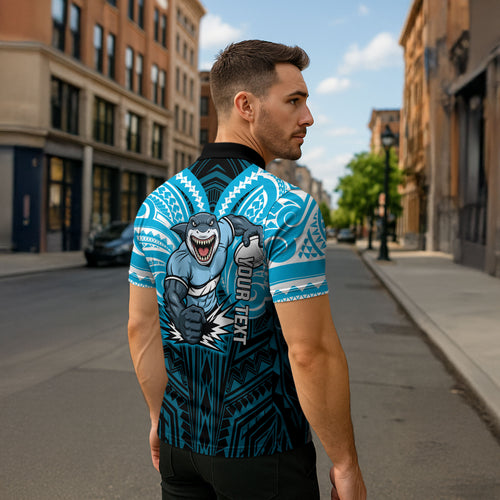 Custom Cronulla-Sutherland Sharks Zipper Polo Shirt Shark Warrior Polynesia Islander Rugby Mascot