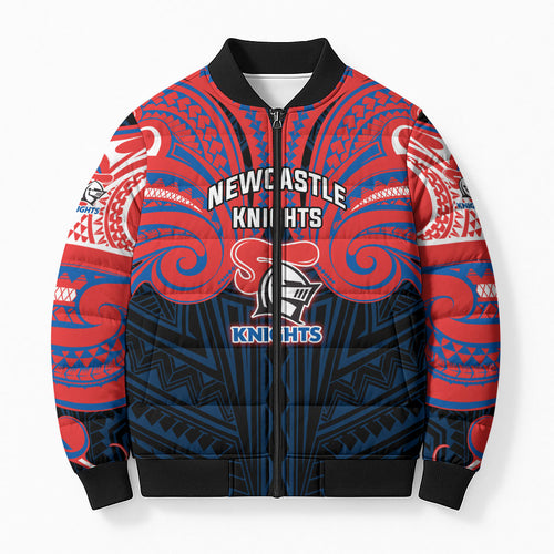 Custom Newcastle Knight Bomber Puffer Jacket Knight Warrior Polynesia Islander Rugby Mascot