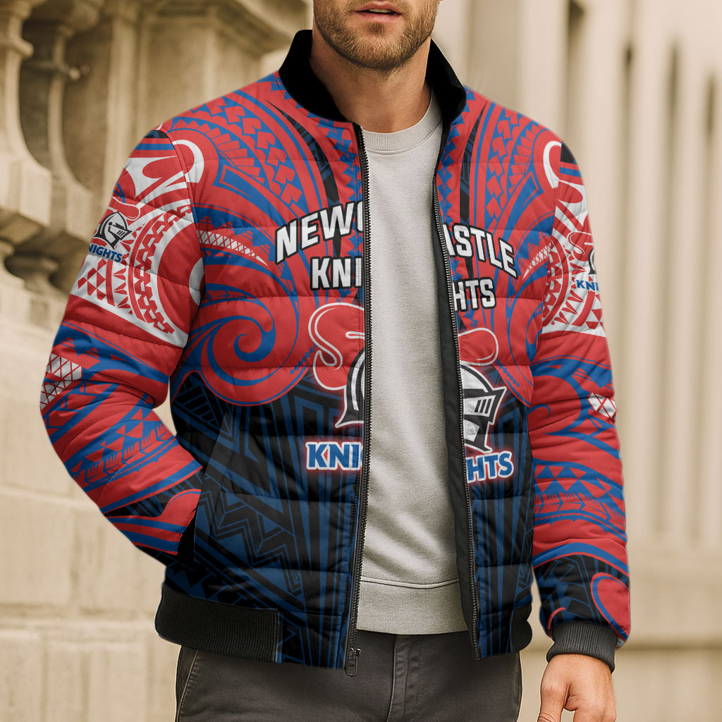 Custom Newcastle Knight Bomber Puffer Jacket Knight Warrior Polynesia Islander Rugby Mascot