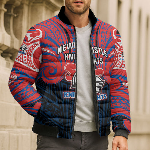 Custom Newcastle Knight Bomber Puffer Jacket Knight Warrior Polynesia Islander Rugby Mascot