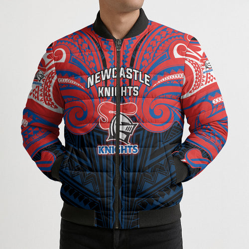 Custom Newcastle Knight Bomber Puffer Jacket Knight Warrior Polynesia Islander Rugby Mascot