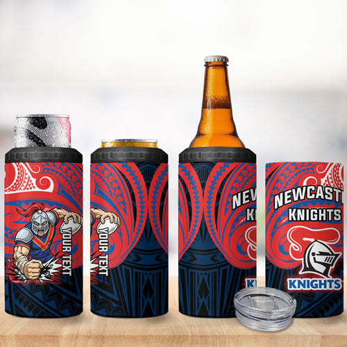 Custom Newcastle Knight 4 in 1 Can Cooler Tumbler Knight Warrior Polynesia Islander Rugby Mascot
