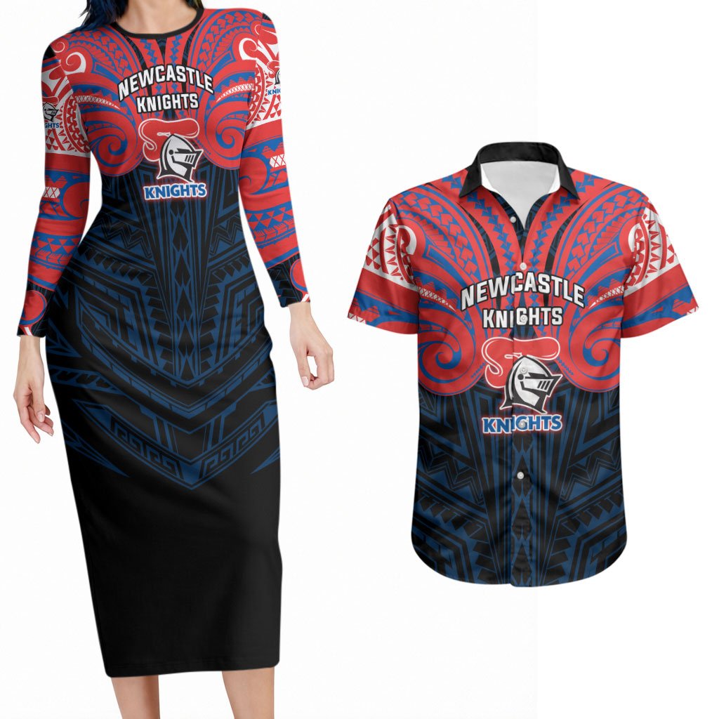 Custom Newcastle Knight Couples Matching Long Sleeve Bodycon Dress and Hawaiian Shirt Knight Warrior Polynesia Islander Rugby Mascot