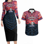 Custom Newcastle Knight Couples Matching Long Sleeve Bodycon Dress and Hawaiian Shirt Knight Warrior Polynesia Islander Rugby Mascot