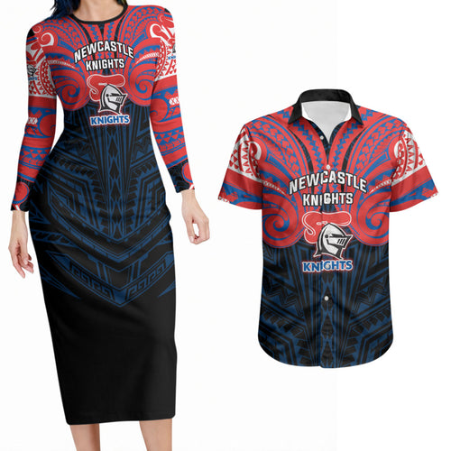 Custom Newcastle Knight Couples Matching Long Sleeve Bodycon Dress and Hawaiian Shirt Knight Warrior Polynesia Islander Rugby Mascot