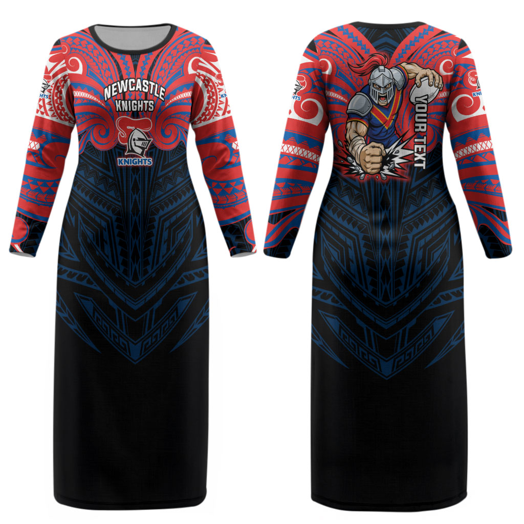 Custom Newcastle Knight Couples Matching Long Sleeve Bodycon Dress and Hawaiian Shirt Knight Warrior Polynesia Islander Rugby Mascot