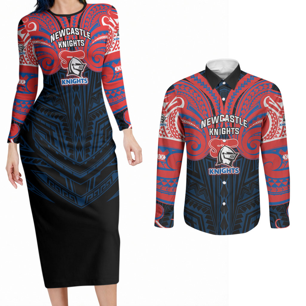 Custom Newcastle Knight Couples Matching Long Sleeve Bodycon Dress and Long Sleeve Button Shirt Knight Warrior Polynesia Islander Rugby Mascot