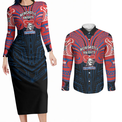 Custom Newcastle Knight Couples Matching Long Sleeve Bodycon Dress and Long Sleeve Button Shirt Knight Warrior Polynesia Islander Rugby Mascot