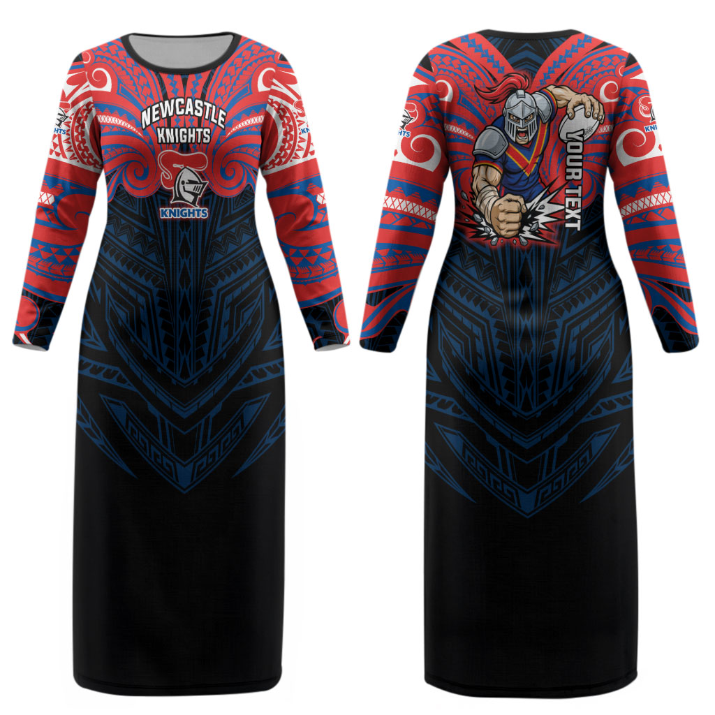 Custom Newcastle Knight Couples Matching Long Sleeve Bodycon Dress and Long Sleeve Button Shirt Knight Warrior Polynesia Islander Rugby Mascot