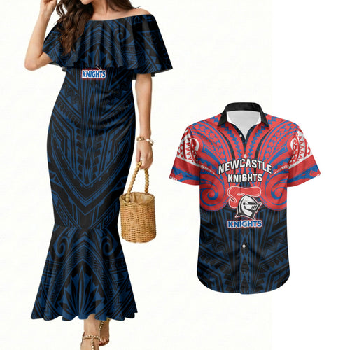 Custom Newcastle Knight Couples Matching Mermaid Dress and Hawaiian Shirt Knight Warrior Polynesia Islander Rugby Mascot
