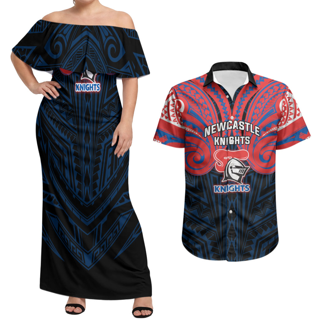 Custom Newcastle Knight Couples Matching Off Shoulder Maxi Dress and Hawaiian Shirt Knight Warrior Polynesia Islander Rugby Mascot