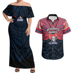 Custom Newcastle Knight Couples Matching Off Shoulder Maxi Dress and Hawaiian Shirt Knight Warrior Polynesia Islander Rugby Mascot