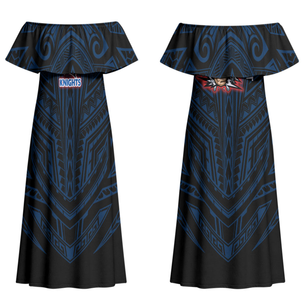 Custom Newcastle Knight Couples Matching Off Shoulder Maxi Dress and Hawaiian Shirt Knight Warrior Polynesia Islander Rugby Mascot