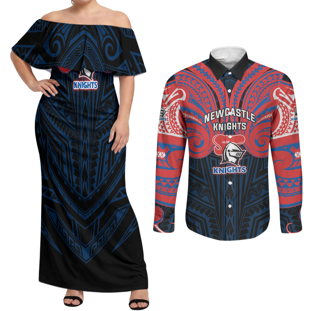 Custom Newcastle Knight Couples Matching Off Shoulder Maxi Dress and Long Sleeve Button Shirt Knight Warrior Polynesia Islander Rugby Mascot