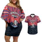 Custom Newcastle Knight Couples Matching Off Shoulder Short Dress and Hawaiian Shirt Knight Warrior Polynesia Islander Rugby Mascot