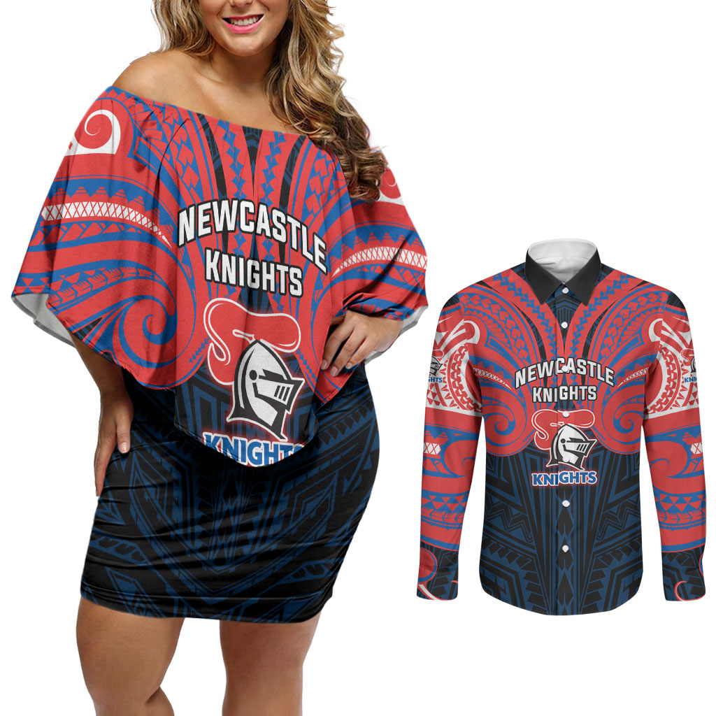 Custom Newcastle Knight Couples Matching Off Shoulder Short Dress and Long Sleeve Button Shirt Knight Warrior Polynesia Islander Rugby Mascot