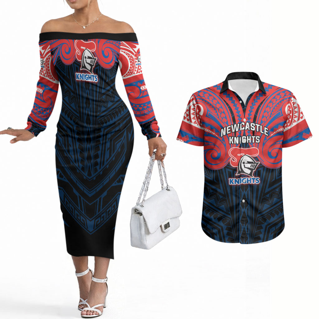 Custom Newcastle Knight Couples Matching Off The Shoulder Long Sleeve Dress and Hawaiian Shirt Knight Warrior Polynesia Islander Rugby Mascot