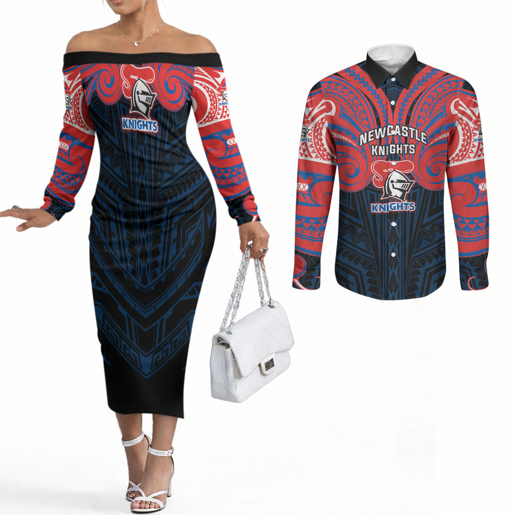 Custom Newcastle Knight Couples Matching Off The Shoulder Long Sleeve Dress and Long Sleeve Button Shirt Knight Warrior Polynesia Islander Rugby Mascot