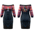 Custom Newcastle Knight Couples Matching Off The Shoulder Long Sleeve Dress and Long Sleeve Button Shirt Knight Warrior Polynesia Islander Rugby Mascot