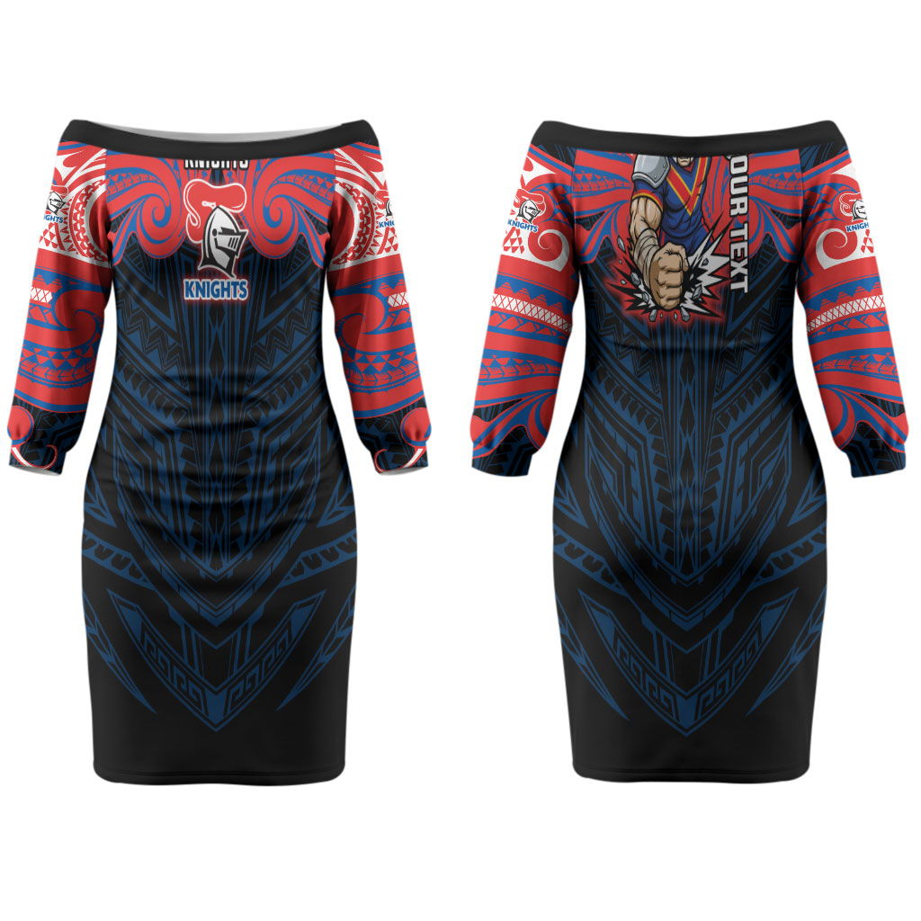 Custom Newcastle Knight Couples Matching Off The Shoulder Long Sleeve Dress and Long Sleeve Button Shirt Knight Warrior Polynesia Islander Rugby Mascot