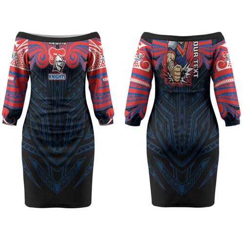 Custom Newcastle Knight Couples Matching Off The Shoulder Long Sleeve Dress and Long Sleeve Button Shirt Knight Warrior Polynesia Islander Rugby Mascot