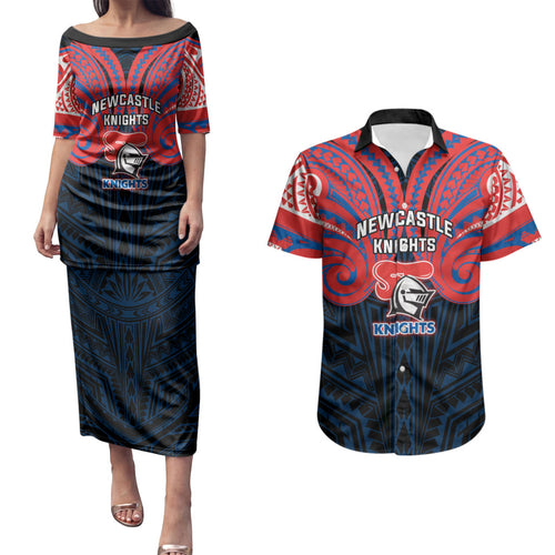 Custom Newcastle Knight Couples Matching Puletasi and Hawaiian Shirt Knight Warrior Polynesia Islander Rugby Mascot