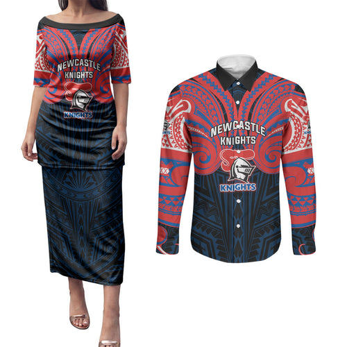 Custom Newcastle Knight Couples Matching Puletasi and Long Sleeve Button Shirt Knight Warrior Polynesia Islander Rugby Mascot