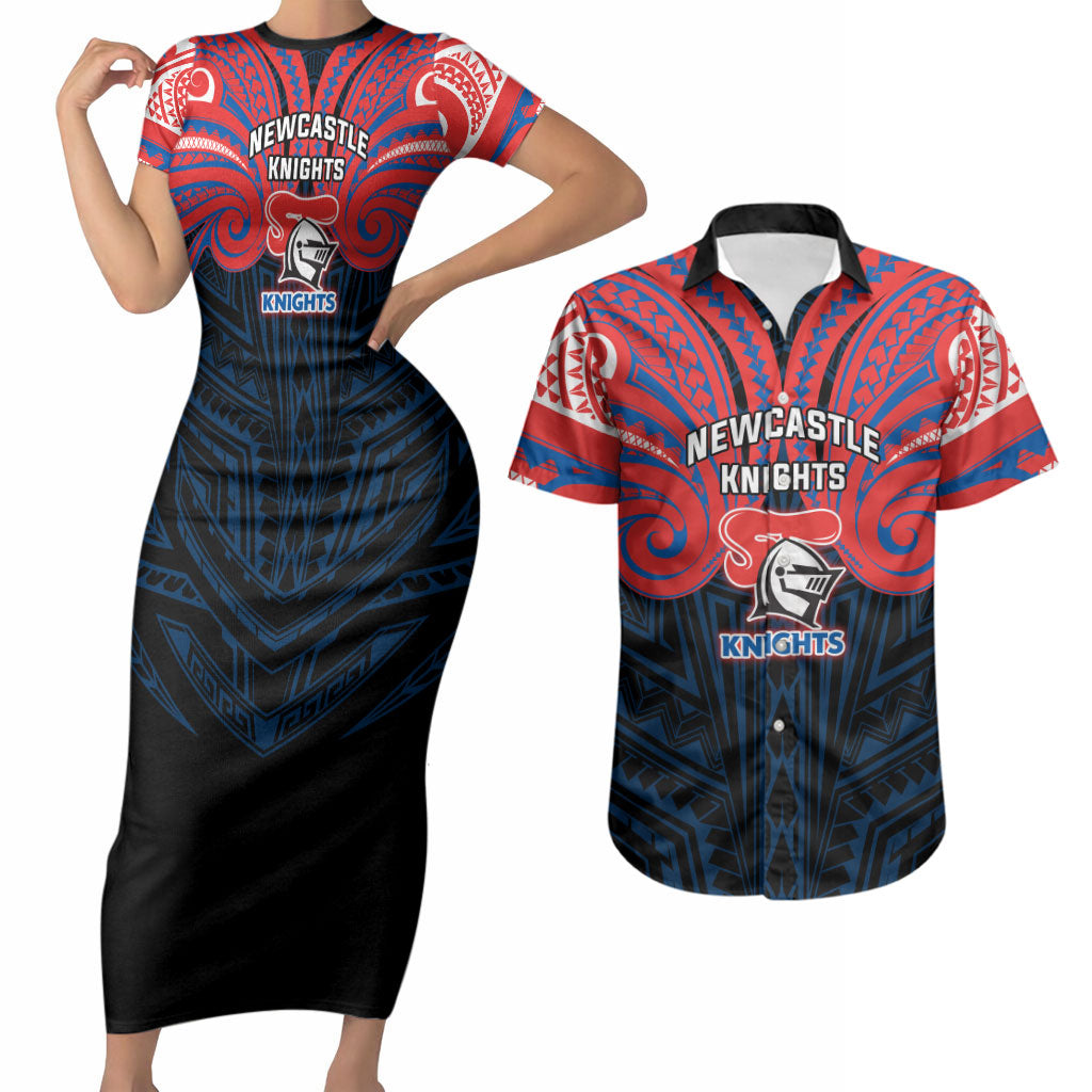 Custom Newcastle Knight Couples Matching Short Sleeve Bodycon Dress and Hawaiian Shirt Knight Warrior Polynesia Islander Rugby Mascot