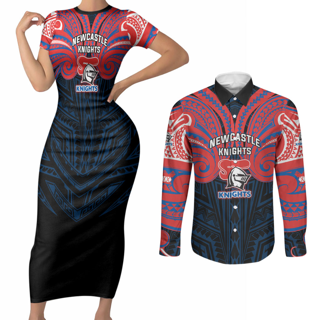 Custom Newcastle Knight Couples Matching Short Sleeve Bodycon Dress and Long Sleeve Button Shirt Knight Warrior Polynesia Islander Rugby Mascot