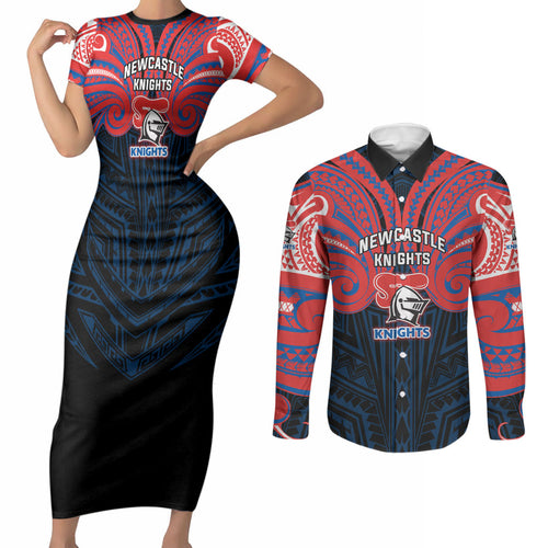 Custom Newcastle Knight Couples Matching Short Sleeve Bodycon Dress and Long Sleeve Button Shirt Knight Warrior Polynesia Islander Rugby Mascot