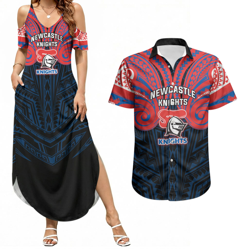 Custom Newcastle Knight Couples Matching Summer Maxi Dress and Hawaiian Shirt Knight Warrior Polynesia Islander Rugby Mascot