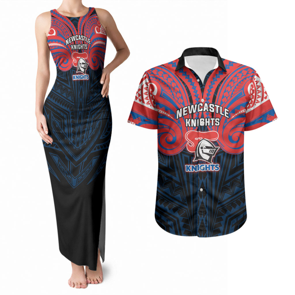 Custom Newcastle Knight Couples Matching Tank Maxi Dress and Hawaiian Shirt Knight Warrior Polynesia Islander Rugby Mascot