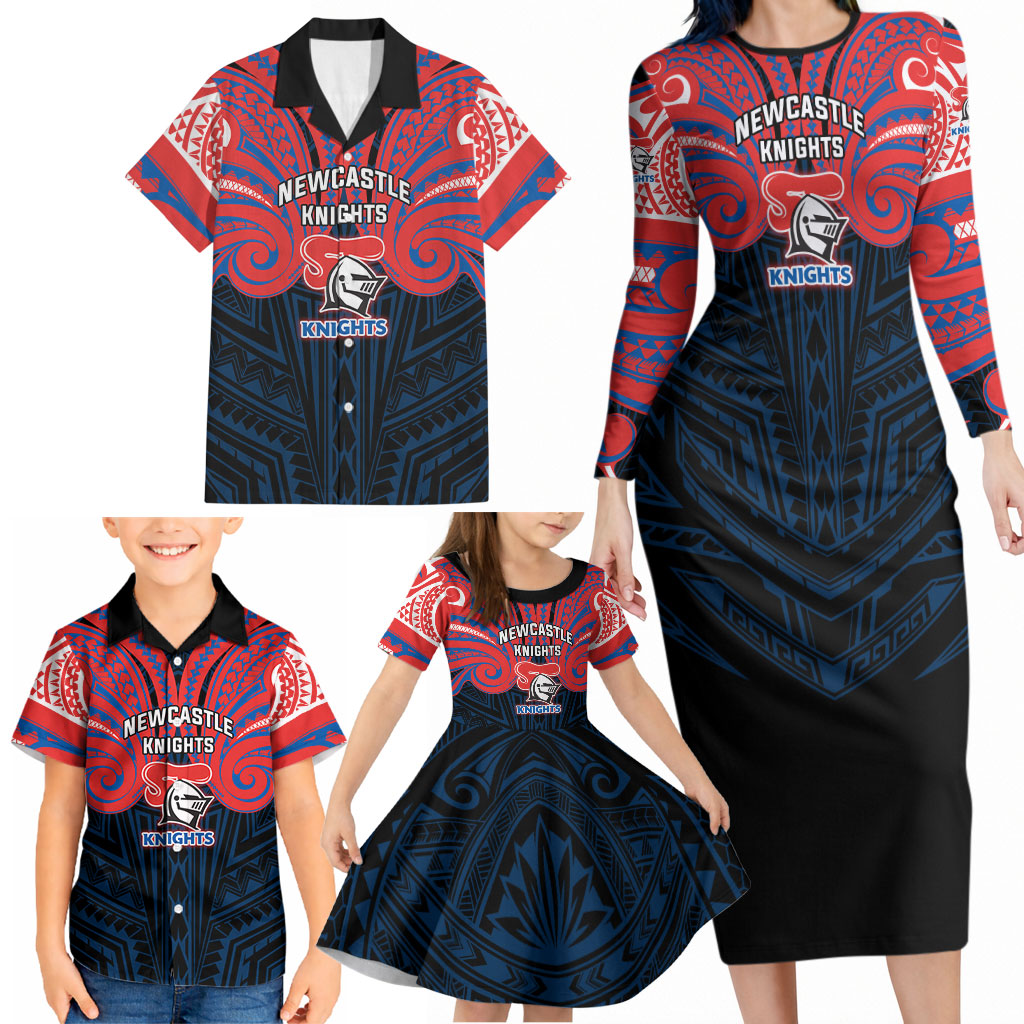 Custom Newcastle Knight Family Matching Long Sleeve Bodycon Dress and Hawaiian Shirt Knight Warrior Polynesia Islander Rugby Mascot